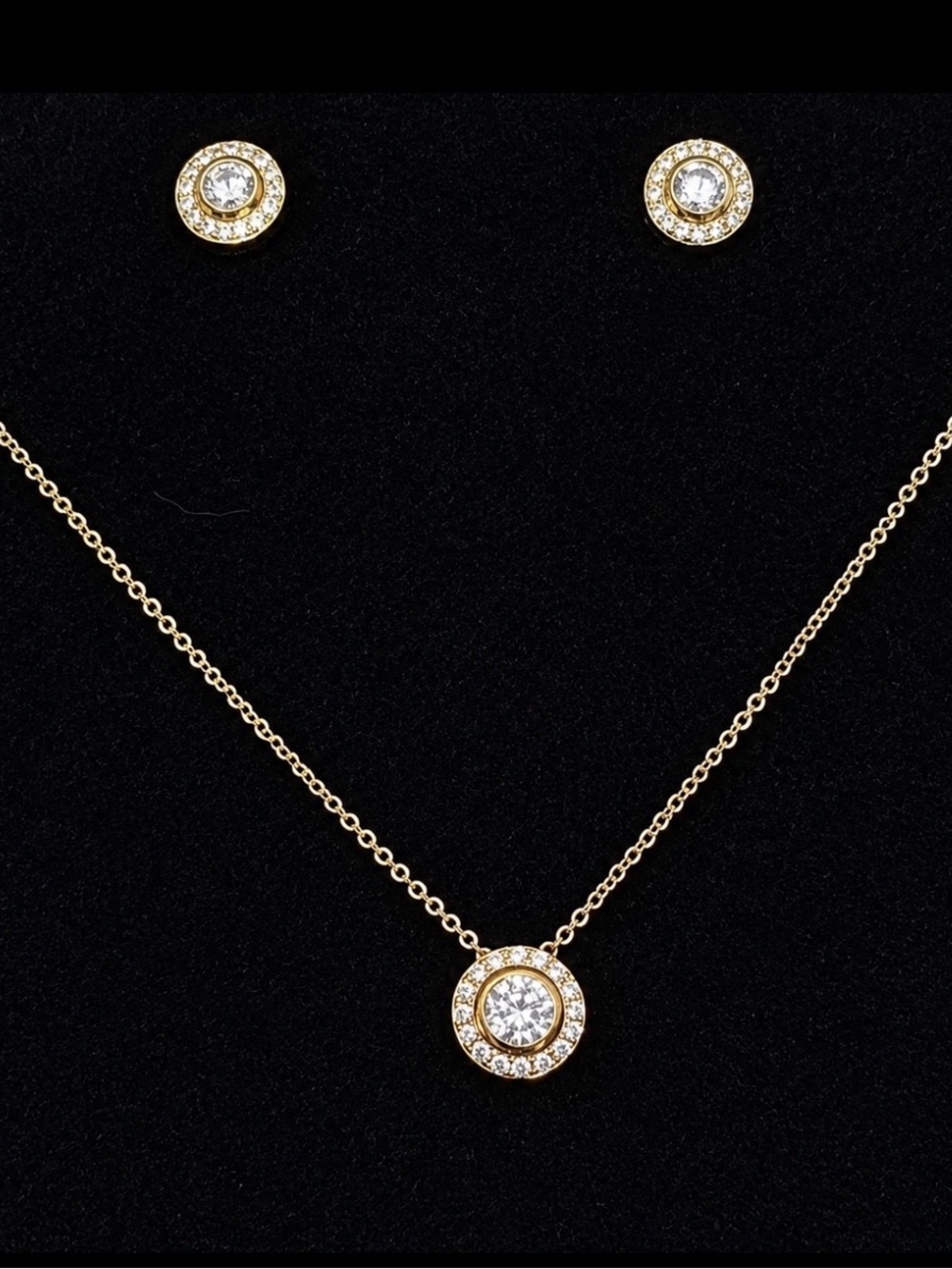 Gold Tone Halo Cubic Zirconia Necklace & Stud Earrings Jewelry Set Round CZ